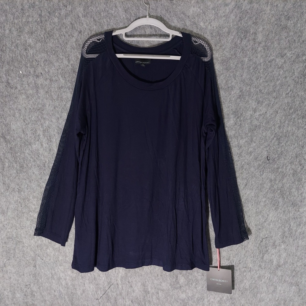 Cynthia Rowley Women Top Plus 1X Navy Athleisure Mesh Sleeve Long Sleeve Soft